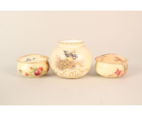 A Royal Worcester bird decorated vase plus two floral lidded pots (one as found)