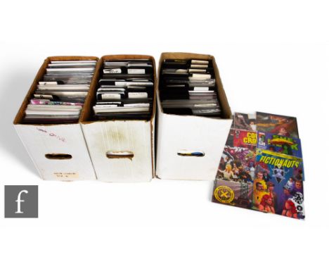 Three comic storage boxes of modern age comics including DC Superman, DC Batman, DC Pride, Marvel Spiderman, Marvel Hulk, Mar