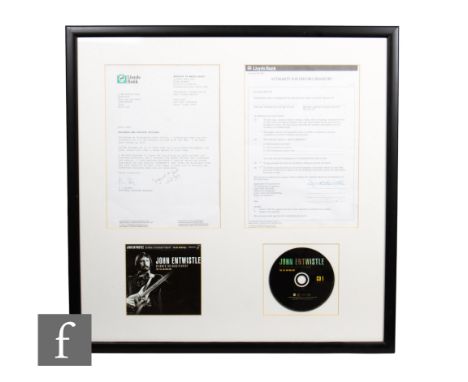 John Entwistle/The Who - A signed montage, to include a signed bank document dated 1997 and framed CD and cover, framed and p
