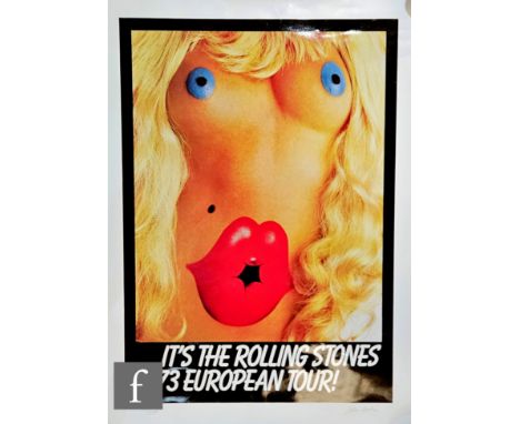 A limited edition lithograph 'It's The Rolling Stones 1973 European Tour' by John Pasche 54/750, signed to border, 59.5cm x 8