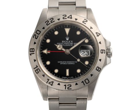 A GENTLEMAN'S SIZE STAINLESS STEEL ROLEX OYSTER PERPETUAL DATE EXPLORER II BRACELET WATCHDATED 1998, REF. 16570 WITH BLACK TR