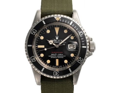 A GENTLEMAN'S SIZE STAINLESS STEEL ROLEX OYSTER PERPETUAL DATE "SINGLE RED" SUBMARINER WRIST WATCHCIRCA 1973, REF. 1680 WITH 