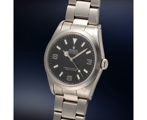 A RARE GENTLEMAN'S SIZE STAINLESS STEEL ROLEX OYSTER PERPETUAL EXPLORER "BLACKOUT" BRACELET WATCHCIRCA 1990/91, REF. 14270 TH