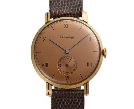 A GENTLEMAN'S SIZE GOLD PLATED BREITLING WRIST WATCH CIRCA 1950, REF. 155 WITH ART DECO DIAL & CASE DESIGNMovement: 15J, manu