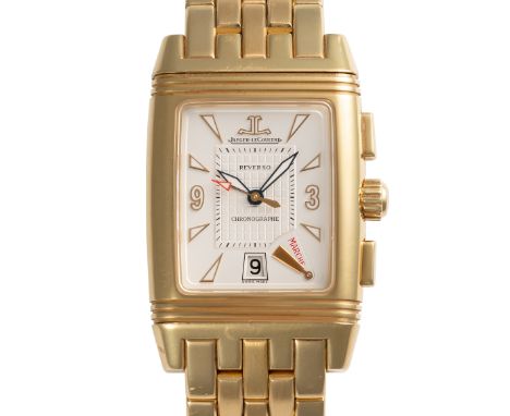 A FINE GENTLEMAN'S SIZE 18K SOLID GOLD JAEGER LECOULTRE GRAN SPORT REVERSO DUOFACE CHRONOGRAPH BRACELET WATCHCIRCA 2005, REF.