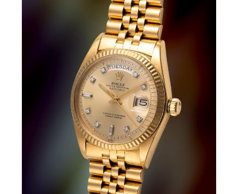A GENTLEMAN'S SIZE 18K SOLID GOLD ROLEX OYSTER PERPETUAL DAY DATE BRACELET WATCHCIRCA 1974, REF. 1803 WITH ORIGINAL CHAMPAGNE