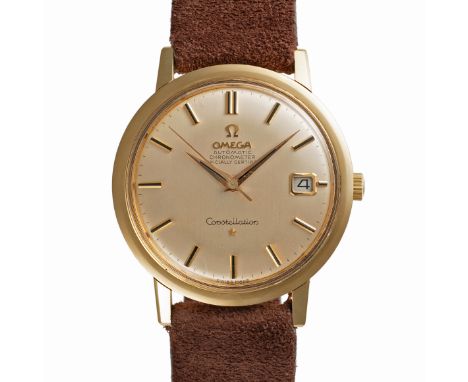 A GENTLEMAN'S SIZE 18K SOLID GOLD OMEGA CONSTELLATION CHRONOMETER DATE WRIST WATCH CIRCA 1968, REF. 168.5004 Movement: 24J, a