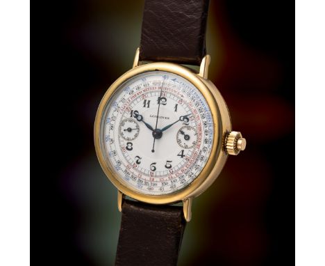 A RARE GENTLEMAN'S SIZE 18K SOLID GOLD LONGINES MONO PUSHER CHRONOGRAPH WRIST WATCH CIRCA 1925, WITH ORIGINAL ENAMEL DIAL & B