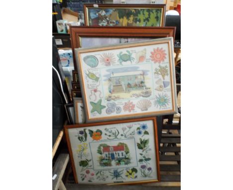 A large quantity of tapestry pictures and a Jimmy White golf cue
