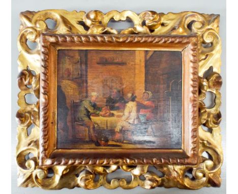A 19th century oil on board depicting a tavern scene in well carved wooden Florentine frame, panel measures 6"x8" approx, fra