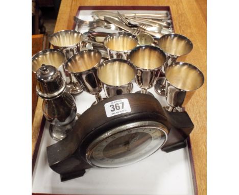 Assorted silver plated wares, goblets and a mantle clock 