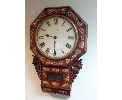 Victorian drop dial wall clock in mother of pearl inlaid case with white enamel 11" dial.