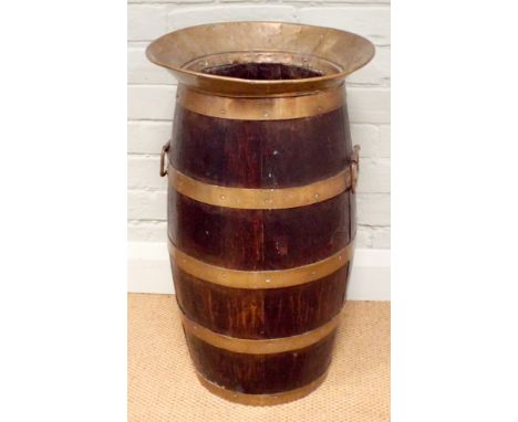 An oak barrel shaped brass mounted stick or umbrella stand 