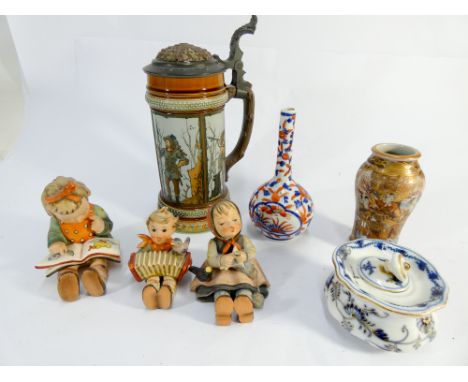 Three Hummel figurines, Dresden jar and cover, oriental vases and a Mettlach German stein and cover   Repairs to Dresden pot 
