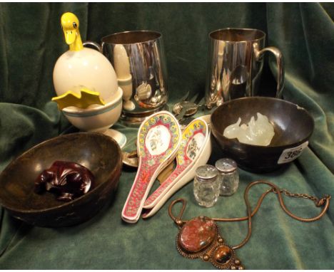 Three jade figurines, a Carlton ware egg cup, two silver plated tankards, a silver pickle fork and other silver plated items 