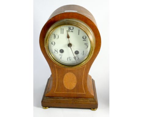 An Edwardian inlaid mahogany mantle clock with striking movement approx 12" high 7" wide 