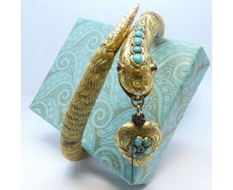 Victorian woven hair bracelet, with engraved 15 ct yellow gold head of a serpent inset with turquoise and garnets, the snake 