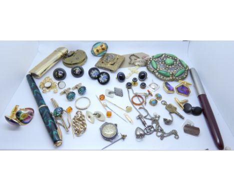 Assorted jewellery, cuff links, shirt studs and collectables to include watch works, fountain pens, lighter, badges and brooc