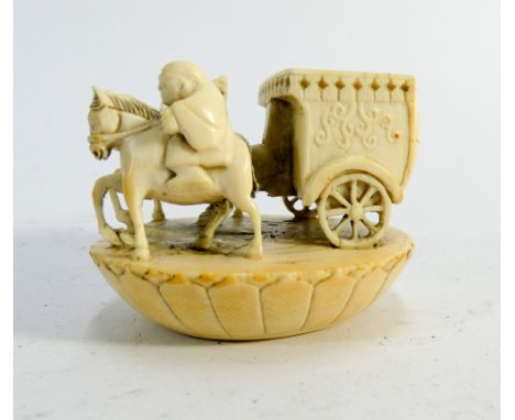 Japanese Meiji period, Japanese carved ivory Netsuke of a horse drawn cart with erotic figures on the inside, signature to ba