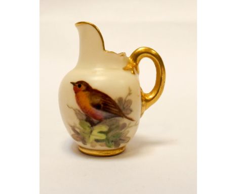 A miniature Royal Worcester, blush ivory, flat back jug painted with a robin