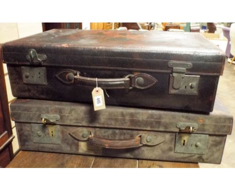 Vintage luggage two brown leather suitcases, old painted pine dome topped trunk 