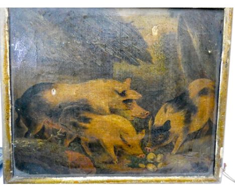 Primitive oil on canvas painting depicting pig eating fruit, unsigned but back of mount signed 'A R Maillard London NW 1856'.