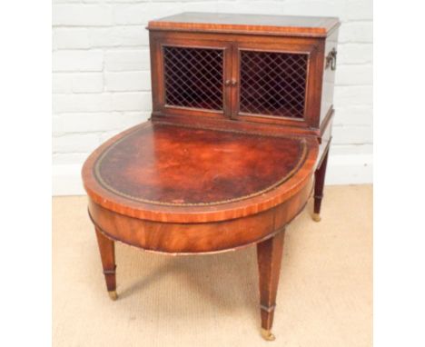 A pair of American mahogany and leather bedside or lamp tables with cabinet backs with grill doors  Approximate dimensions : 