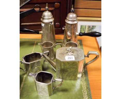 Aesthetic movement 3 piece silver plated tea set by James Dixon and a cafe au lait service 