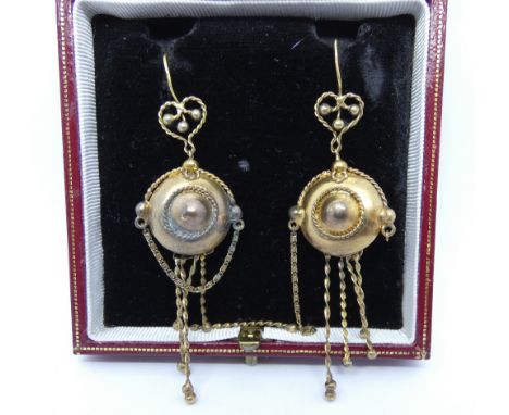Pair of Victorian gold drop earrings, wire hooks suspending a circular panel and bar style fringe droppers beneath, in fitted