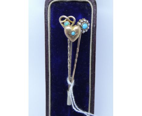 A collection of three Victorian/Edwardian turquoise set stick pins. 