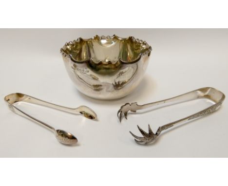 Hallmarked silver sugar basin and two pairs of sugar nips. Gross weight 5.2 oz. 