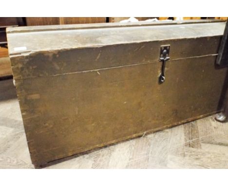 Dome topped pine cabin trunk with iron handles and lock 