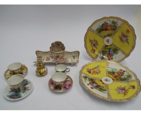 Collection of Dresden items to include. two 6" plates, miniature cabinet cups and saucers, double gourd vase and an ink well.