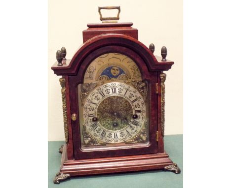 A reproduction chiming bracket clock in mahogany case with moon phase dial 