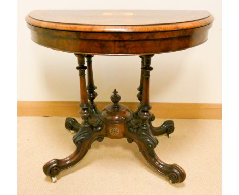 Victorian walnut Tunbridge ware decorated D-shaped folding top card table on a quadruple base 36" wide 