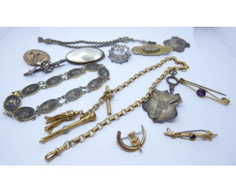 Gilt metal watch albert with T bar and tassel, propelling pencil, Japanese shakudo panel bracelet, silver plaques etc.