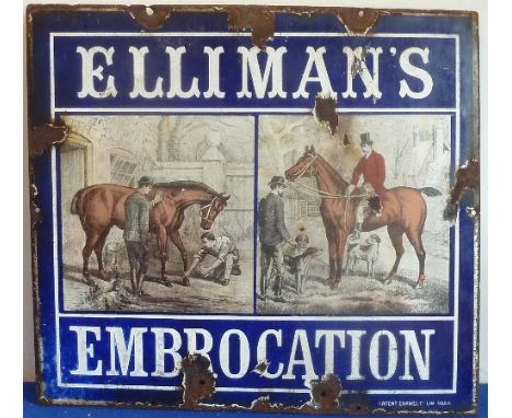 A late-19th / early-20th century enamel sign, 'Elliman's Embrocation', 46cm x 51cm, (some enamel away to mostly edge areas)