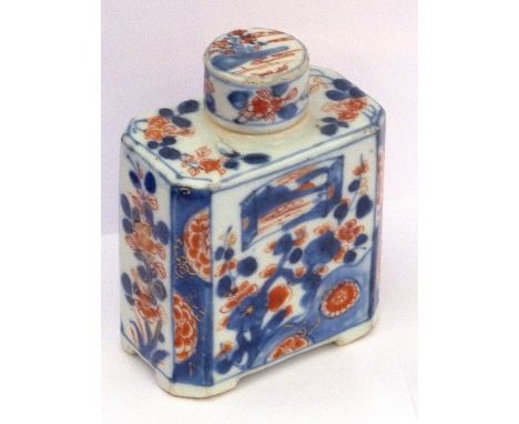 A mid-18th century Chinese porcelain octagonal-form Tea Caddy with circular cover, hand-decorated in the Imari palette, raise