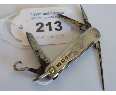 A novelty miniature penknife with two blades, a hook and a bradall, each silver outer assayed Sheffield 1896, 5cm