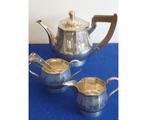 An Egyptian silver tea service comprising Teapot, Milk Jug, Sucrier and Sugar Tongs, each with hexagonal body with desert sce