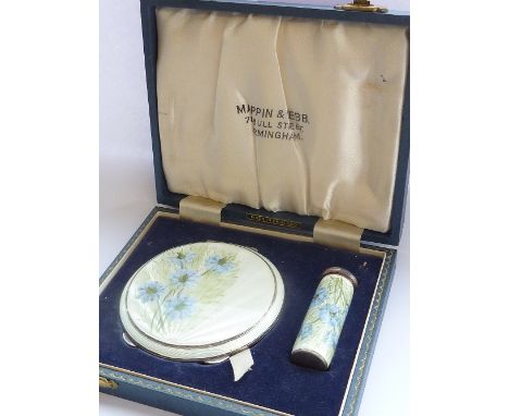 A mid-20th century hallmarked silver and enamel cased Compact/Lipstick Set, each item hand-decorated with blue flowers (possi