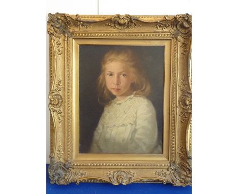 A 19th century gilt-framed Oil on Canvas half-length portrait study of a young girl, she with blond hair and a lace collar, 4