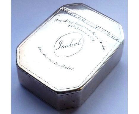 A heavy late-18th century, hallmarked silver, octagonal Snuff Box, the hinged lid with bright cut decoration, central oval ca