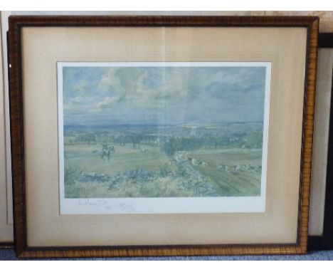 A framed and glazed colour Lionel Edwards fox hunting print, 'The Heythrop - Near Stow-on-the-Wold', signed in pencil lower-l