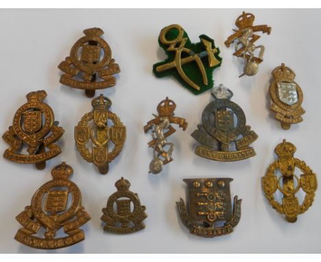 Ten Support Services cap badges: the Army Ordnance Corps, five Royal Army Ordnance Corps (one small bimetal), two REME all-br