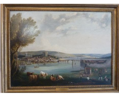 John James Chalon RA (1778-1854), a gilt-framed and glazed Oil on Canvas 'Rochester', light paint surface cracking and lined,