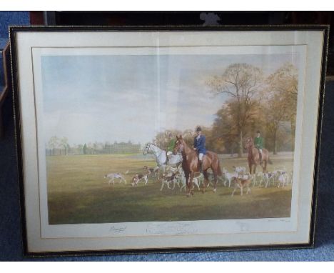 A large Hogarth-framed and glazed limited edition (11/50) colour fox hunting print 'The Duke of Beaufort with his Hounds in B