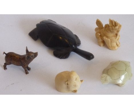 A group of five Animal figures in various materials including jade