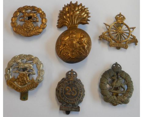 Six cap badges: the Army Cyclist Corps; 25th (County of London) Cyclist Battalion - Tinax et Audax; the Royal Scots Fusiliers