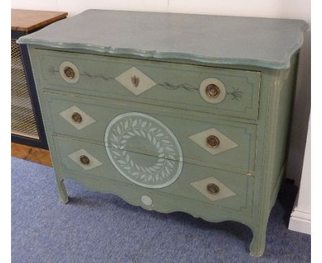 A modern (in late 18th century continental style) painted Commode; three full-width drawers, shaped apron and on shaped front